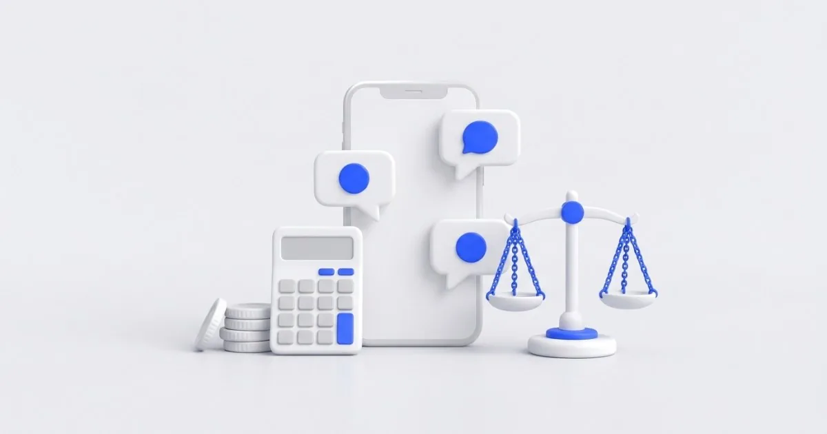 Ilustracja: smartfon z oknem rozmowy, dymki z pytaniami, kalkulator i moneta symbolizujące rachunek zwrotu z chatbota