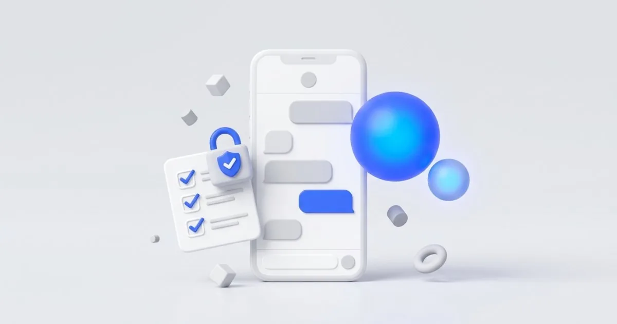 Ilustracja: smartfon z oknem rozmowy z AI, dwie świecące kule symbolizujące modele, lista kontrolna i kłódka danych