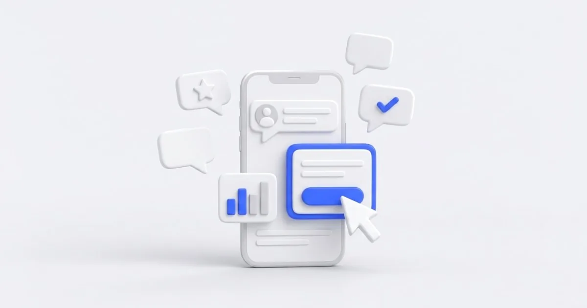 Ilustracja: smartfon z oknem czatu, nad nim dymek z reklamą i strzałka prowadząca do wykresu wyników