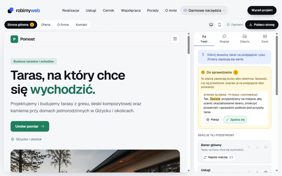Edytor kreatora: podgląd strony po lewej, panel z listą zdań do sprawdzenia i sekcjami po prawej
