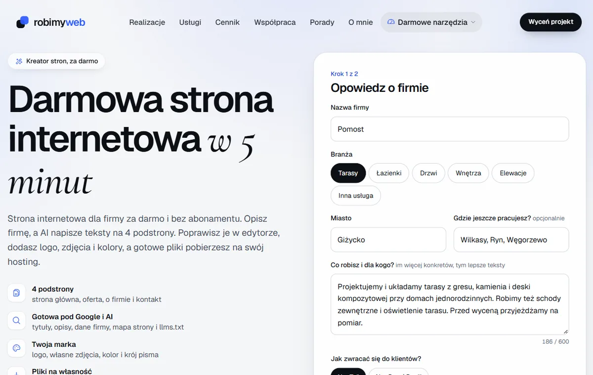 Formularz startowy kreatora stron z wypełnionymi danymi przykładowej firmy Pomost