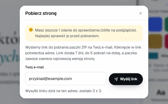 Okno Pobierz stronę z polem e-mail i informacją o ważności linku