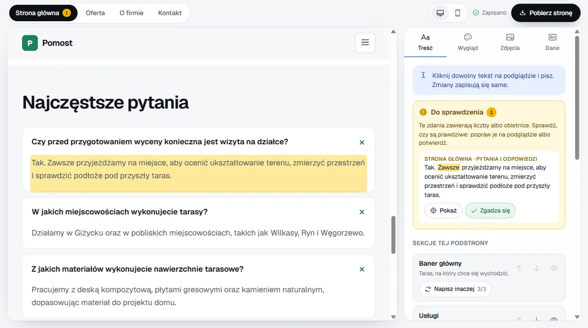 Podświetlone na żółto zdanie w sekcji pytań i odpowiedzi na podglądzie strony