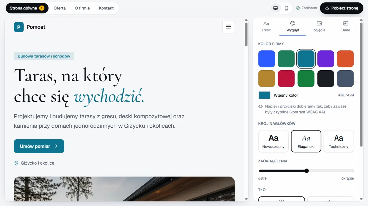 Zakładka Wygląd w kreatorze: wybór koloru firmy i kroju nagłówków, zmiana widoczna od razu na podglądzie