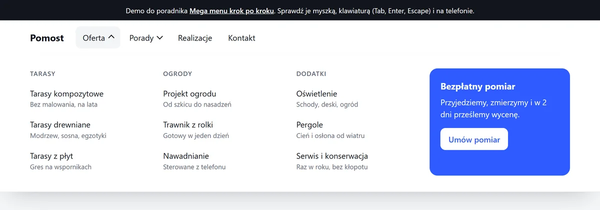 Mega menu na komputerze: trzy kolumny linków z krótkimi opisami i niebieska karta „Bezpłatny pomiar”
