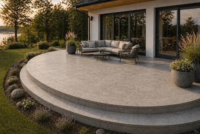 Taras z szarych płyt gresowych przy domu